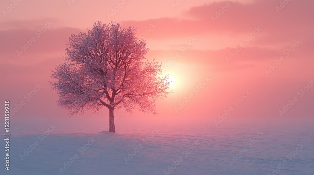 A solitary tree with frosted pink branches stands amidst a vast, A solitary tree with frosted pink branches stands amidst a vast,