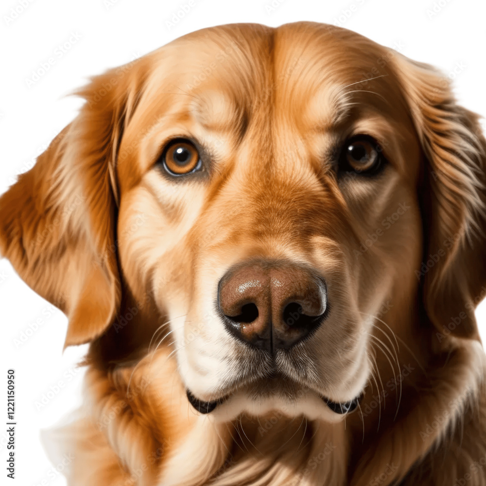 A detailed close-up of a golden retriever’s face, isolated on a white background, showing its friendly and expressive features. A detailed close-up of a golden retriever’s face, isolated on a white background, showing its friendly and expressive features.