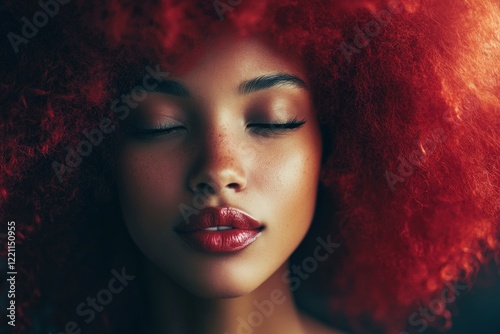 Woman with vibrant red curly hair showcasing natural beauty