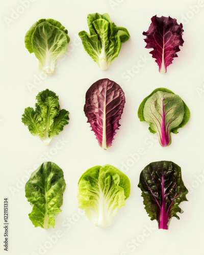 Nine different types of green and purple lettuce leaves are neatly arranged in rows on a light background. Concept of variety in fresh leafy vegetables. photo