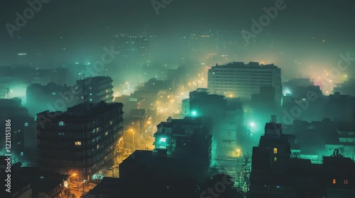 Smoggy cityscapes, traffic pollution, industrial areas. 