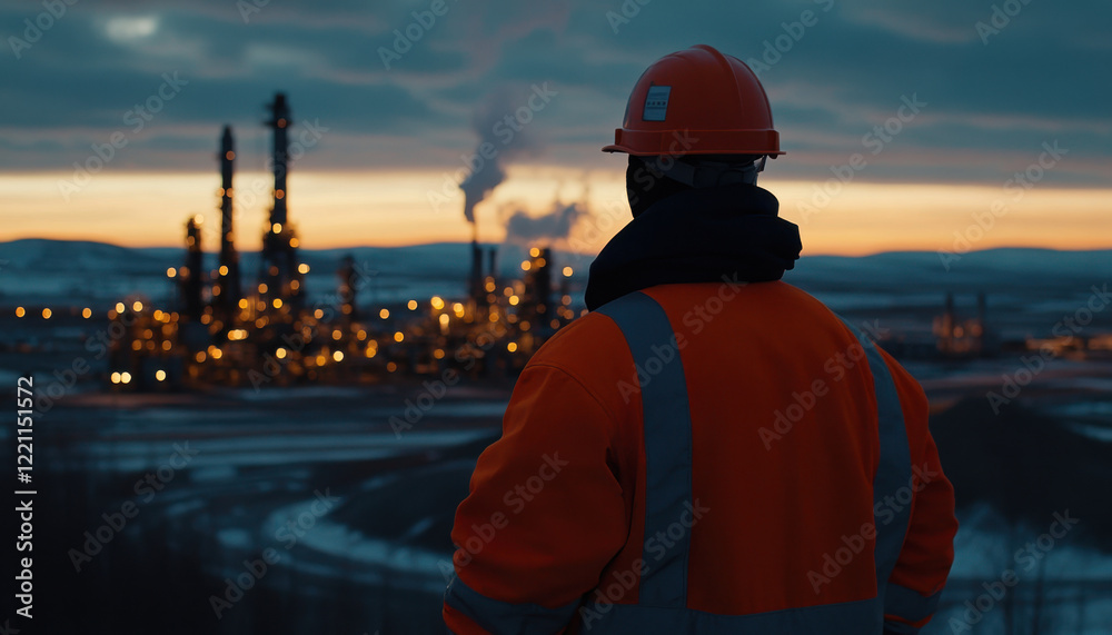 Worker observes industrial site at dusk in orange safety gear, highlighting safety and environmental concerns in the energy sector Worker observes industrial site at dusk in orange safety gear, highlighting safety and environmental concerns in the energy sector