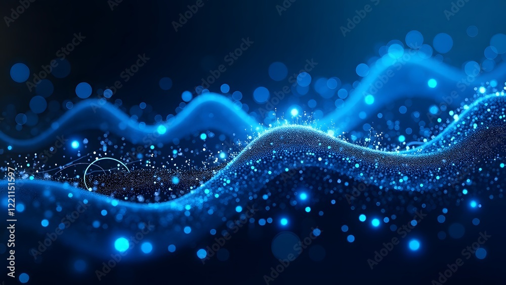 A mesmerizing abstract background featuring a flowing blue wave of particles and bokeh lights on a dark backdrop