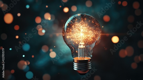 Glowing light bulb with abstract bokeh background, symbolizing innovation