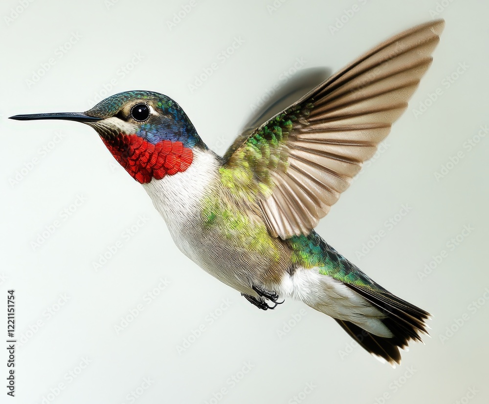 Fototapeta premium A hummingbird is gracefully flying in the air with its wings open
