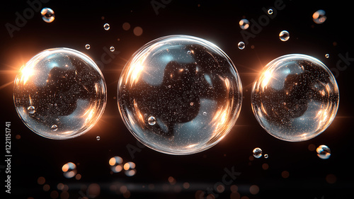 Crystal-clear water bubbles floating against dark backdrop with reflections
