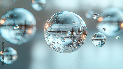 Crystal-clear water bubbles floating against dark backdrop with reflections