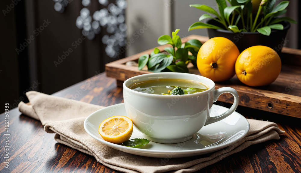 A white cup of tea with a lemon slice in it sits on a wooden table. The table is also topped with a bowl of oranges and a potted plant. Concept of relaxation and comfort, as the tea A white cup of tea with a lemon slice in it sits on a wooden table. The table is also topped with a bowl of oranges and a potted plant. Concept of relaxation and comfort, as the tea