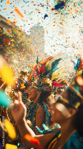 Carnival mask close up confetti falling blurry joyful crowd background street photo