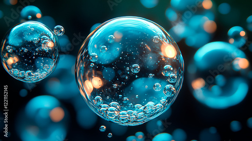 Crystal-clear water bubbles floating against dark backdrop with reflections