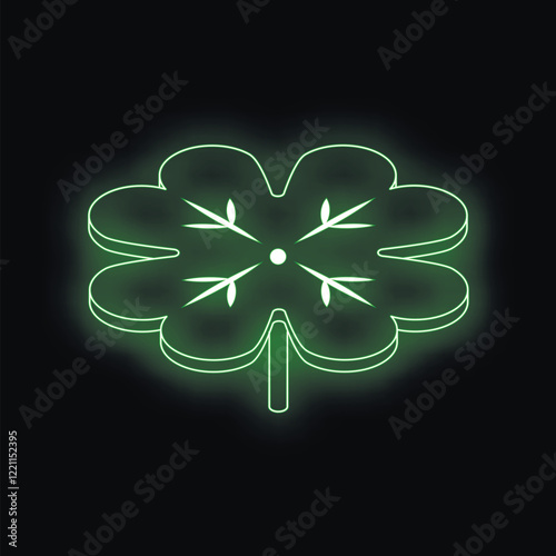 Neon green four leaf clover glowing on a black background, representing luck and good fortune