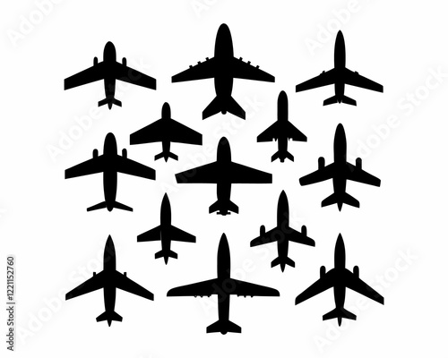A graphic design featuring a collection of black silhouettes of airplanes viewed from above.