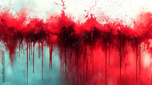 Bold red paint splatters dripping on dark textured background