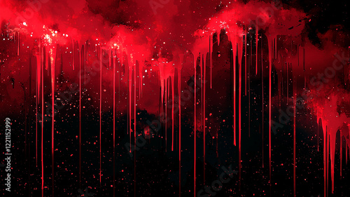 Bold red paint splatters dripping on dark textured background