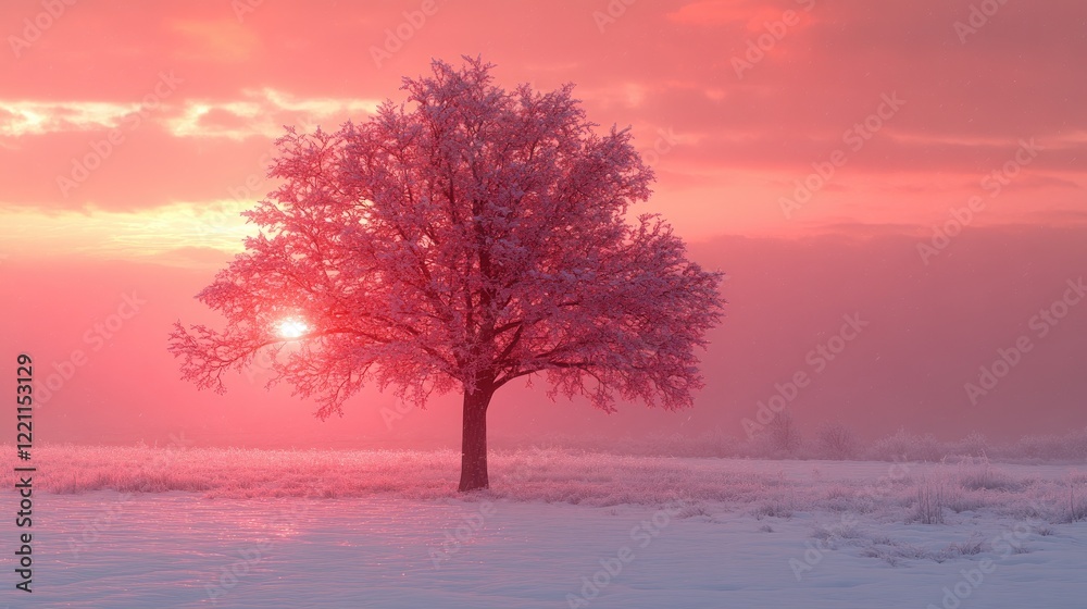 A solitary tree with frosted pink branches stands amidst a vast, A solitary tree with frosted pink branches stands amidst a vast,