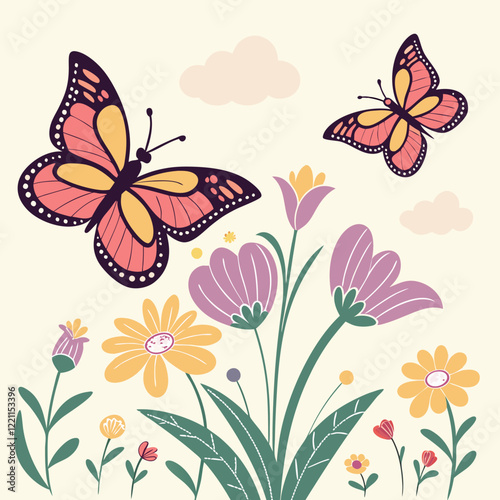 Butterflies hovering around flowers vector background