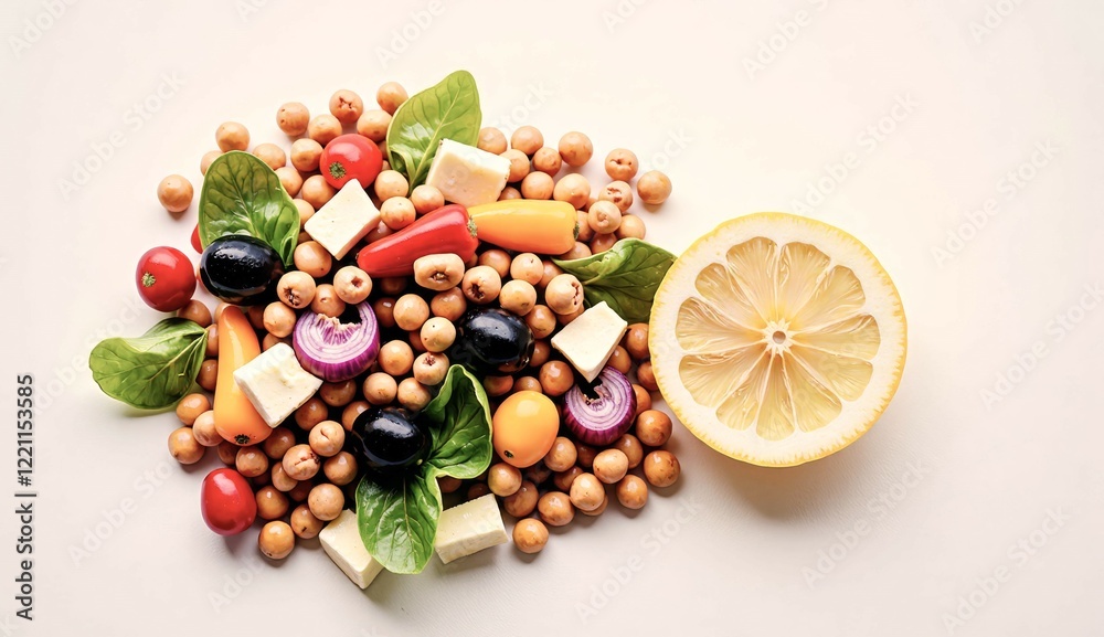 A pile of food with a lemon on top. The food is a mix of vegetables and nuts A pile of food with a lemon on top. The food is a mix of vegetables and nuts