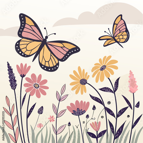 Butterflies hovering around flowers vector background