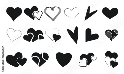 Modern black heart vector shape icon set, love heart symbol silhouette isolated on white background.