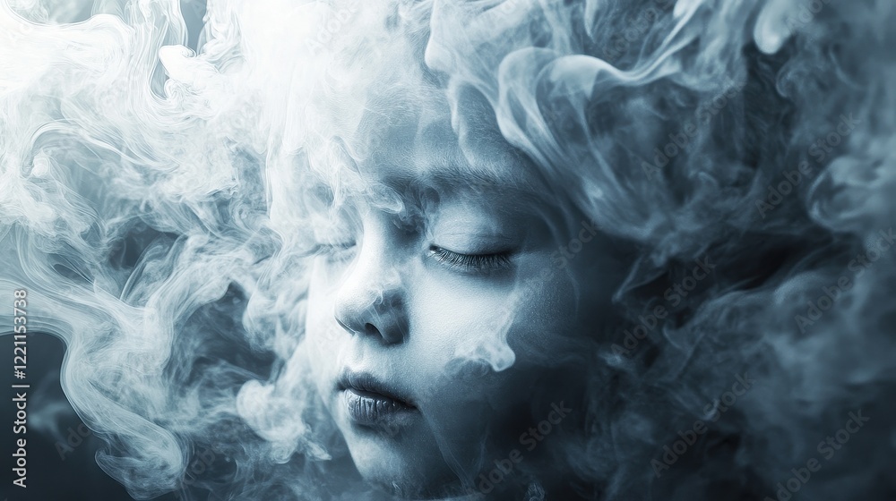 Swirling industrial smoke creating an ominous child's face, Abstract representation of pollution. Swirling industrial smoke creating an ominous child's face, Abstract representation of pollution.