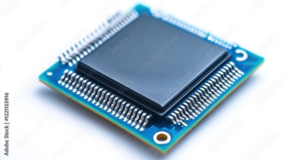 Close-up of a microprocessor on a circuit board showcasing its intricate design and technology Close-up of a microprocessor on a circuit board showcasing its intricate design and technology