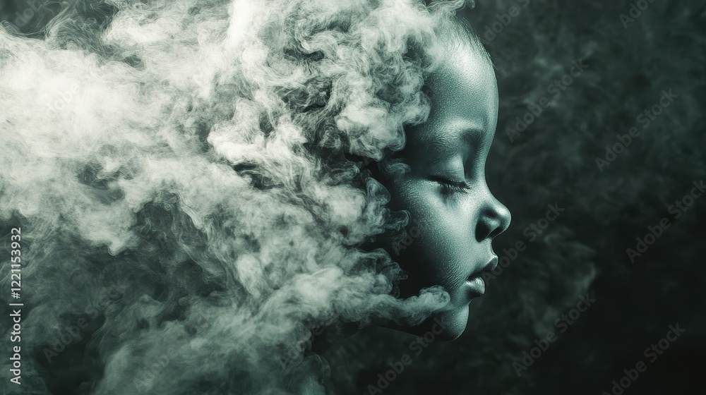 Swirling industrial smoke creating an ominous child's face, Abstract representation of pollution. Swirling industrial smoke creating an ominous child's face, Abstract representation of pollution.