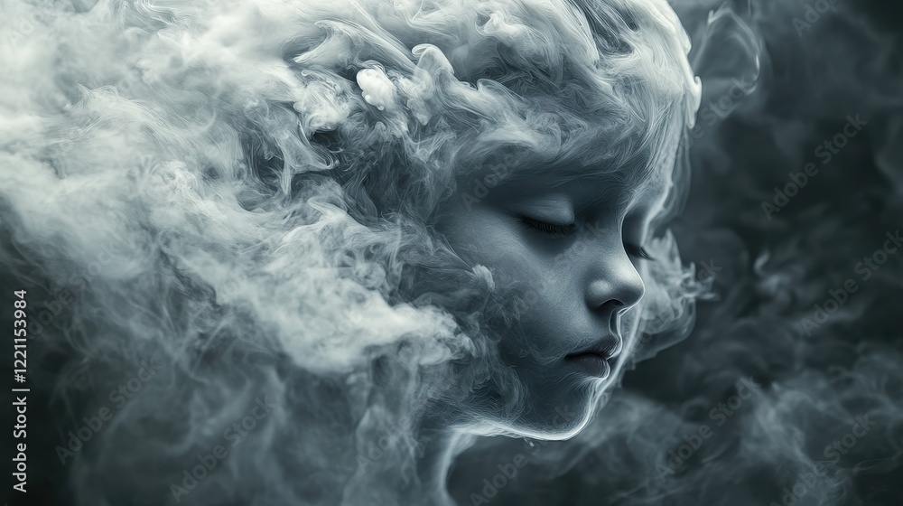 Swirling industrial smoke creating an ominous child's face, Abstract representation of pollution. Swirling industrial smoke creating an ominous child's face, Abstract representation of pollution.