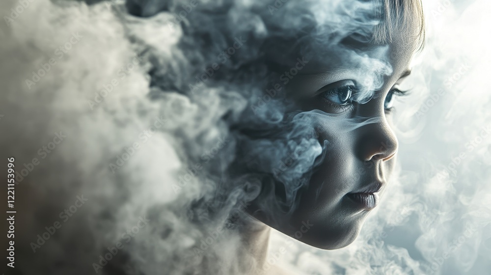 Swirling industrial smoke creating an ominous child's face, Abstract representation of pollution. Swirling industrial smoke creating an ominous child's face, Abstract representation of pollution.