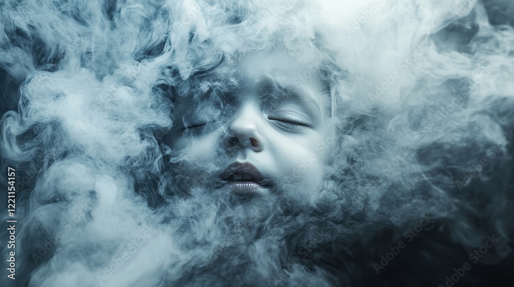 Swirling industrial smoke creating an ominous child's face, Abstract representation of pollution. Swirling industrial smoke creating an ominous child's face, Abstract representation of pollution.