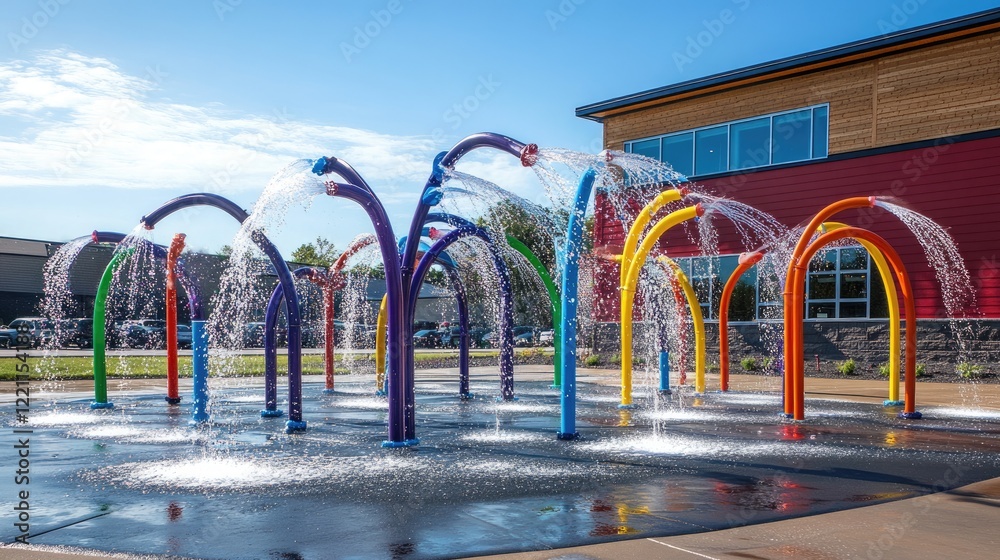 Colorful Water Spray Park Fountain Structure Outside Building Colorful Water Spray Park Fountain Structure Outside Building