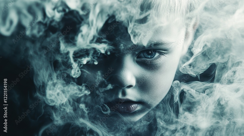 Fototapeta premium Swirling industrial smoke creating an ominous child's face, Abstract representation of pollution.