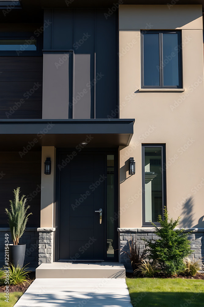 Fototapeta premium Modern House Exterior: Contemporary Home Design with Elegant Facade and Landscaping