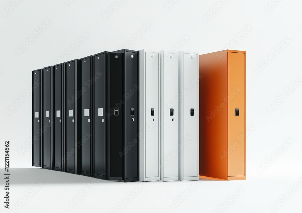 A row of black, white, and orange binders on a white background A row of black, white, and orange binders on a white background