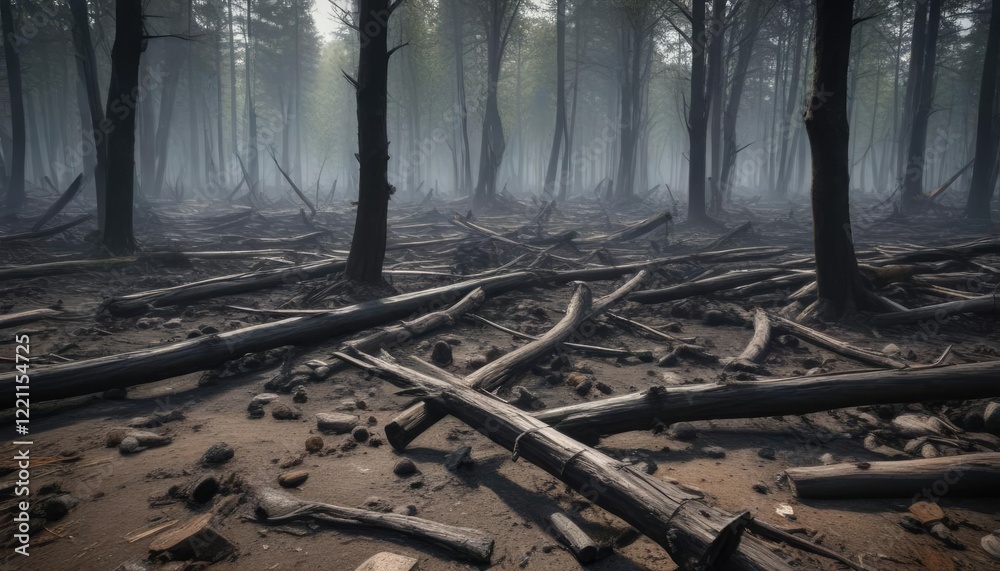 A pyre of charred and broken tree limbs on a forest floor, woodland wreckage, natural destruction, forest fire damage A pyre of charred and broken tree limbs on a forest floor, woodland wreckage, natural destruction, forest fire damage