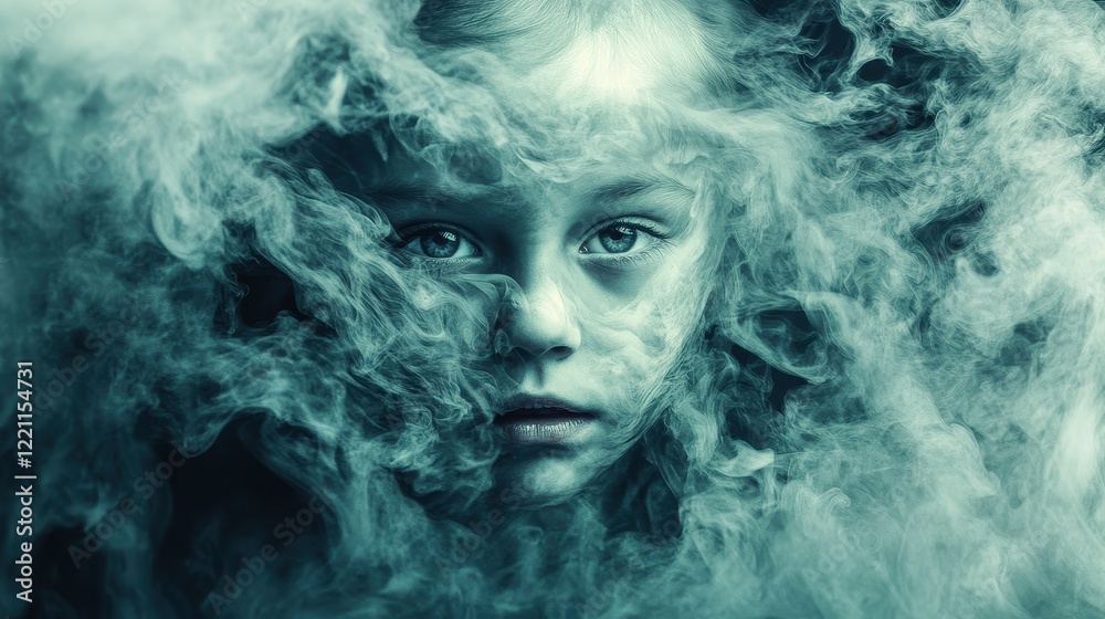 Swirling industrial smoke creating an ominous child's face, Abstract representation of pollution. Swirling industrial smoke creating an ominous child's face, Abstract representation of pollution.