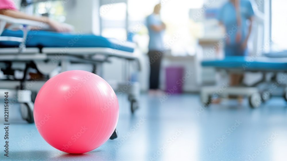 Fototapeta premium Pink exercise ball in rehabilitation center with beds visible
