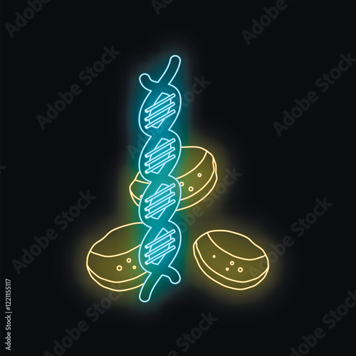 Neon dna strand with cells glowing on a black background, representing genetic engineering and biological research