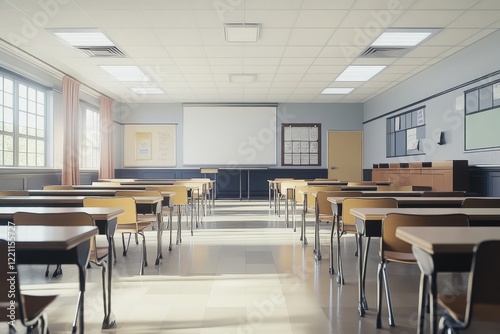 A classroom that is completely empty, featuring rows of desks and chairs