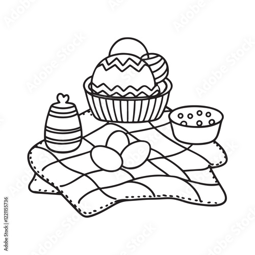 Easter coloring page, Line art, black and white image, Cozy easter coloring page, Coloring page, Easter basket stuffer