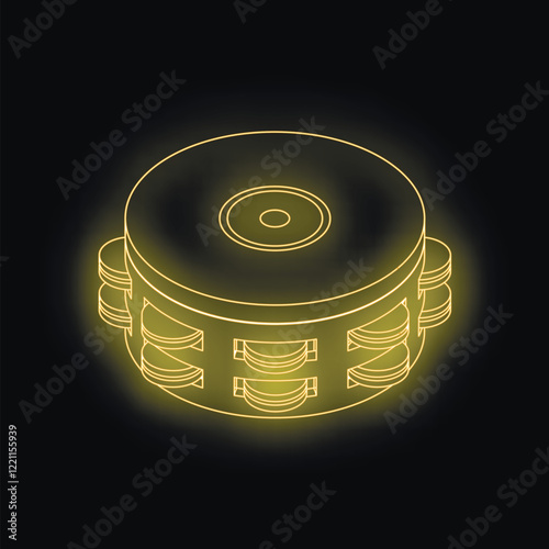Neon tambourine shining on black background, representing music, rhythm, and nightlife