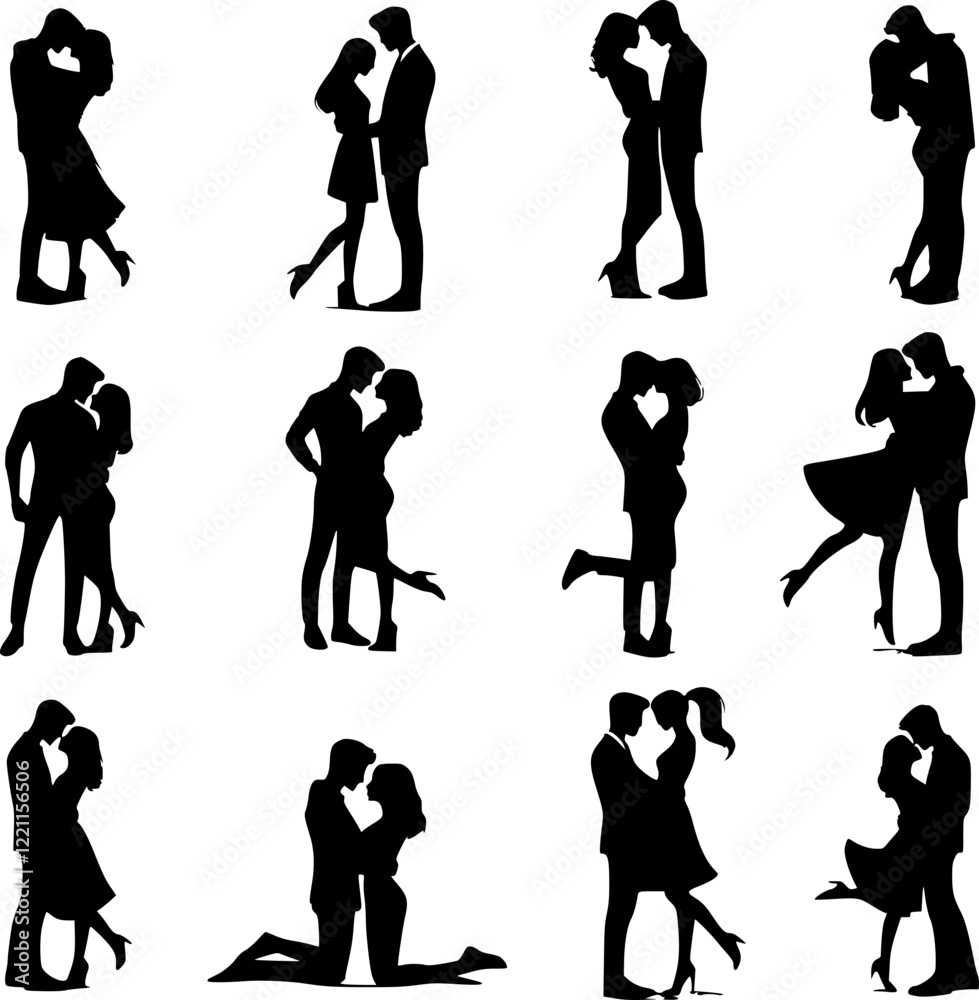 Obraz premium A collection of black silhouette illustrations of couples embracing, in various poses, conveying different levels of intimacy.