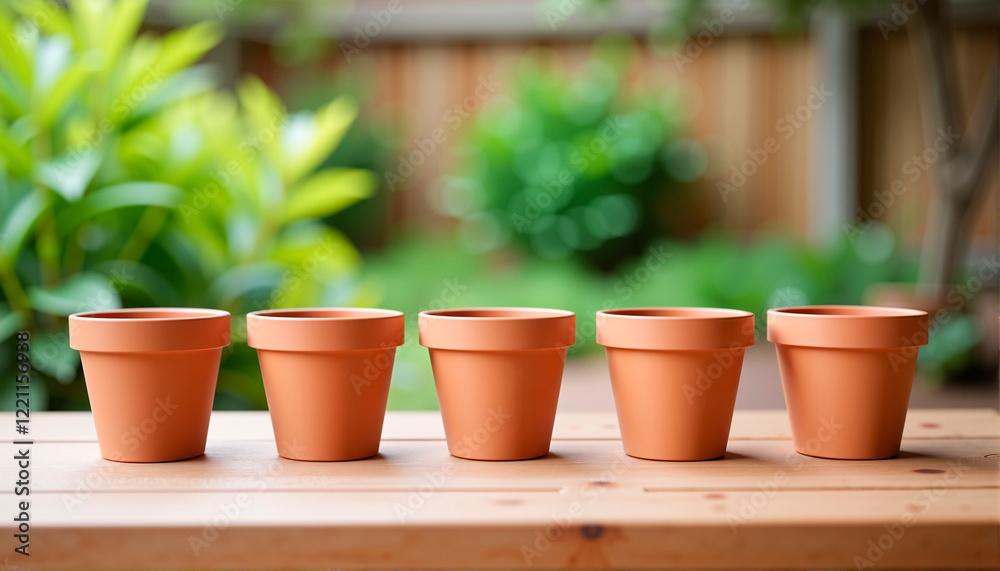 Fototapeta premium Terracotta plant pots on wooden table in garden setting, Garden Preparation Theme