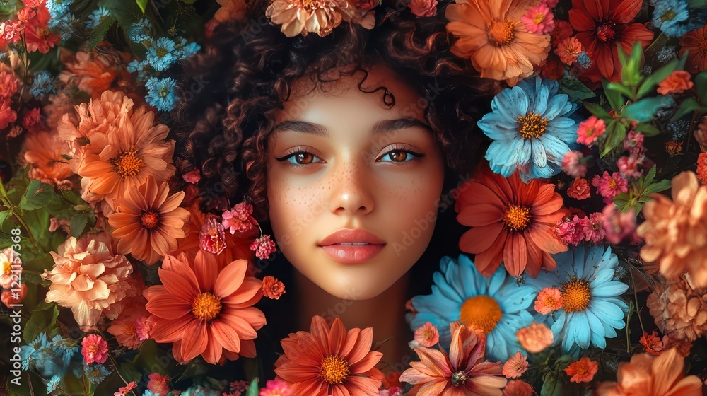 A fresh spring morning scene with a woman surrounded by colorful flowers, symbolizing empowerment on Womens Day A fresh spring morning scene with a woman surrounded by colorful flowers, symbolizing empowerment on Womens Day