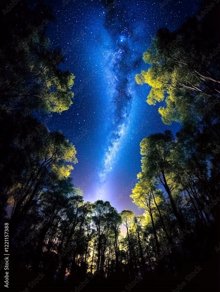 Fototapeta premium Beautiful night sky surrounded by trees from a low angle