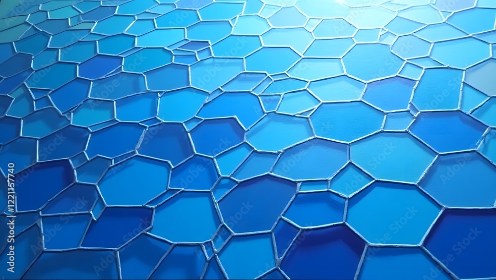 Abstract 3D render of a landscape formed by blue hexagonal prisms, bathed in soft light Abstract 3D render of a landscape formed by blue hexagonal prisms, bathed in soft light