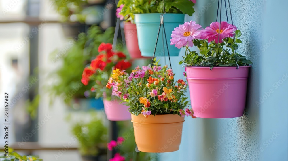 Fototapeta premium A small balcony with hanging flower pots in bright and pastel colors.