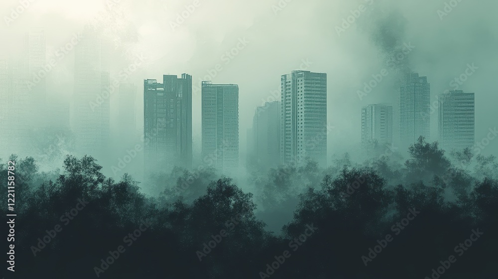 Fototapeta premium Urban forest fading into thick smog, merging nature with urban pollution, [air quality], [haze blend].