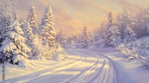 Serene Snowy Road Under Soft Sunrise Light