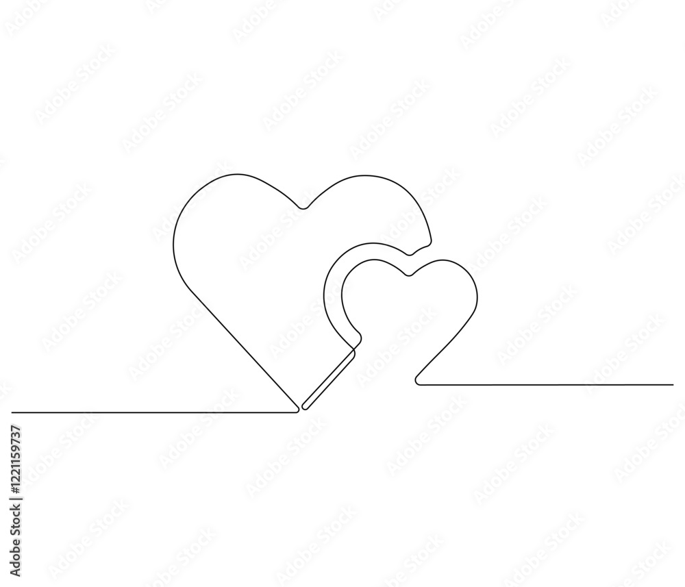 Obraz premium Two heart and love sign. One continuous line drawing of love icon. Symbol of Valentine day and romantic moment. Editable stroke. Doodle line illustration