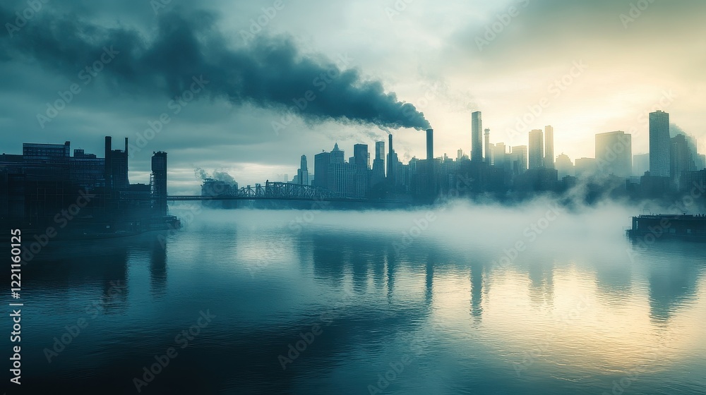 Naklejka premium Urban river polluted with industrial runoff, heavy fog reflecting the toxic atmosphere, [environmental degradation], [urban haze].